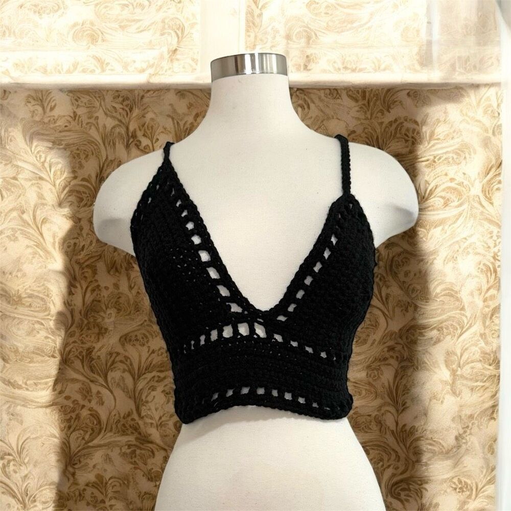 Handmade Black Crochet Halter Top Crop Small S Y2K Boho
